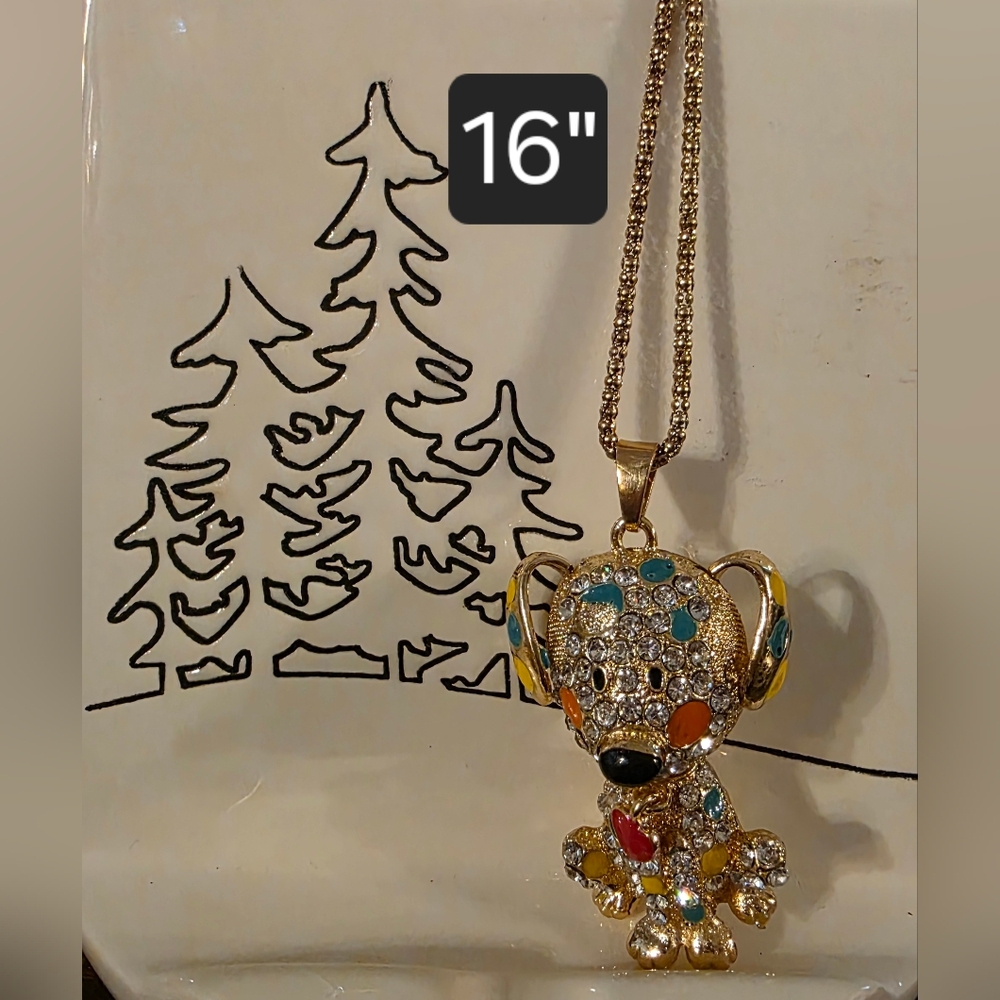 BETSY JOHNSON Gold Tone and Multicolor Dog Pendant Necklace